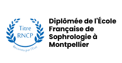 Sophrologue certifiée RNCP : École de Sophrologie Montpellier Logo École Française de Sophrologie à Montpellier avec Titre RNCP reconnu par l'État entouré de lauriers bleus.