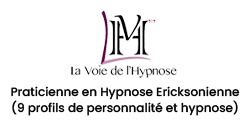 Hypnose Ericksonienne : Praticienne La Voie de l'Hypnose Logo La Voie de l'Hypnose, Praticienne en Hypnose Ericksonienne et 9 profils de personnalité, texte noir et violet.