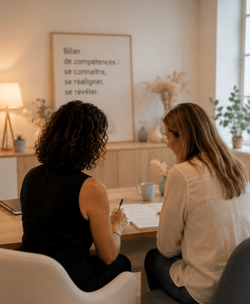 Bilan de compétences : coaching et développement professionnel Séance de bilan de compétences entre deux femmes : se connaître, se réaligner et se révéler dans un bureau chaleureux.